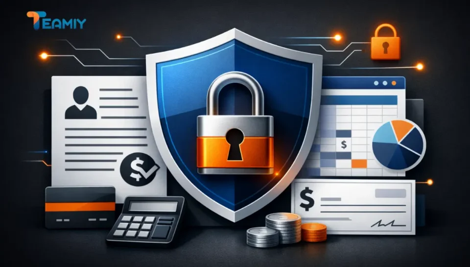 Illustration showing secure payroll data protection, encryption, and payroll security systems safeguarding employee information